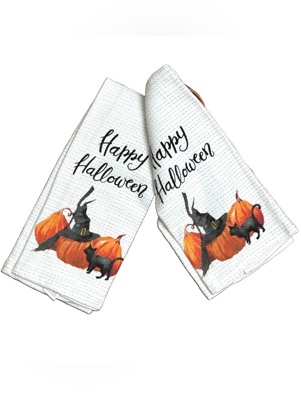 HALLOWEEN KITCHEN TOWEL SET OF 2 BLACK CAT WITCH HAT PUMPKIN WAFFLE WEAVE COTTON